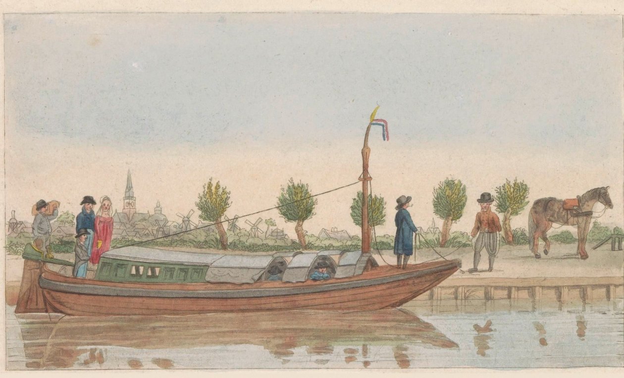 Barka holownicza, 1824 Een hollandsche trek lub Jaagschuit / Une barque de tracte, servee au transport de voyageurs et marchandises en hollande (tytuł na obiekcie) autorstwa Carl Cristiaan Fuchs