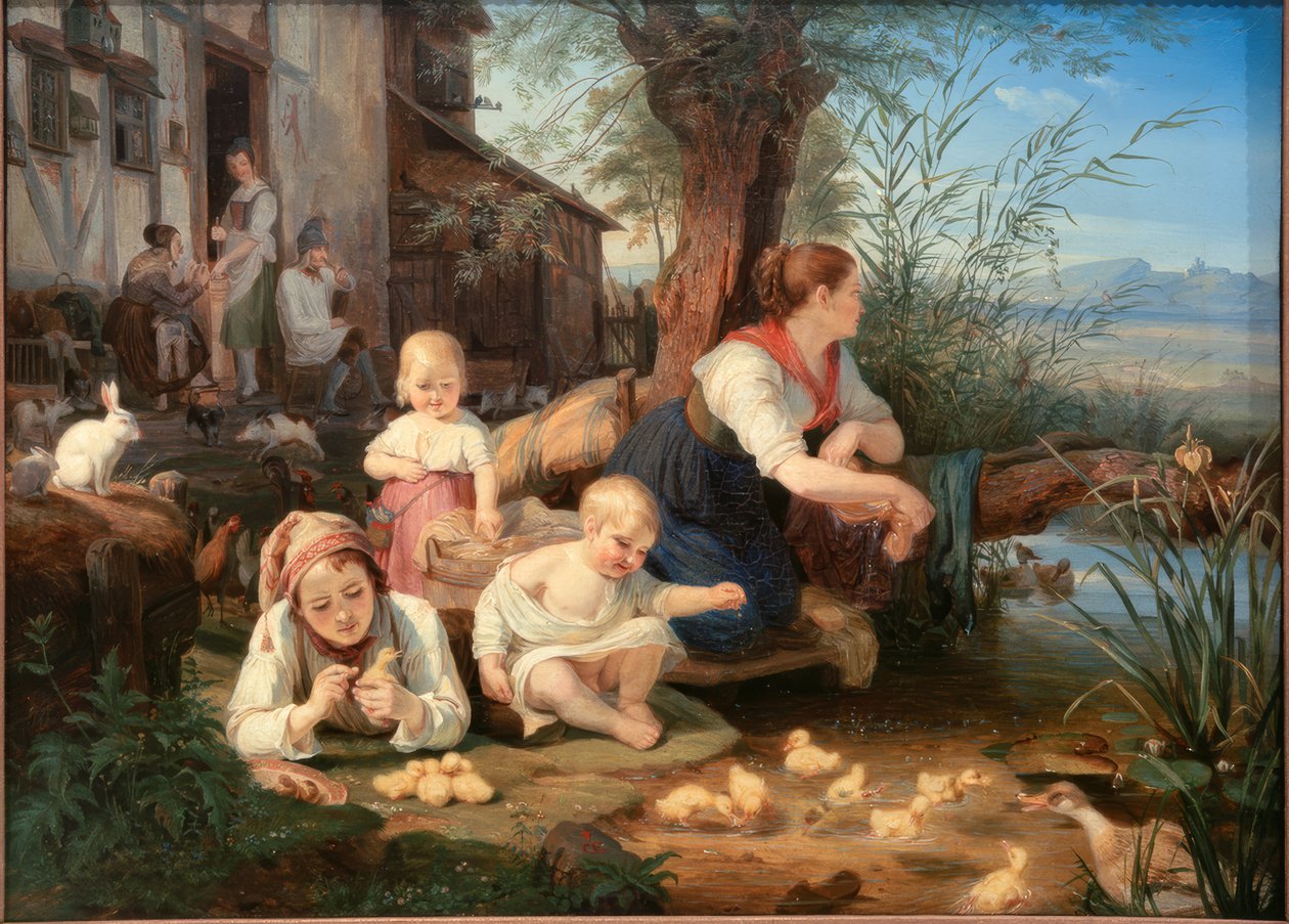 Matka z dziećmi nad wiejskim stawem autorstwa Carl Engel von Rabenau