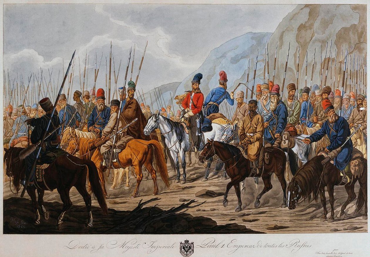 Kozacy rosyjscy w marcu ok. 1800 r. autorstwa Carl Ernst Christoph Hess