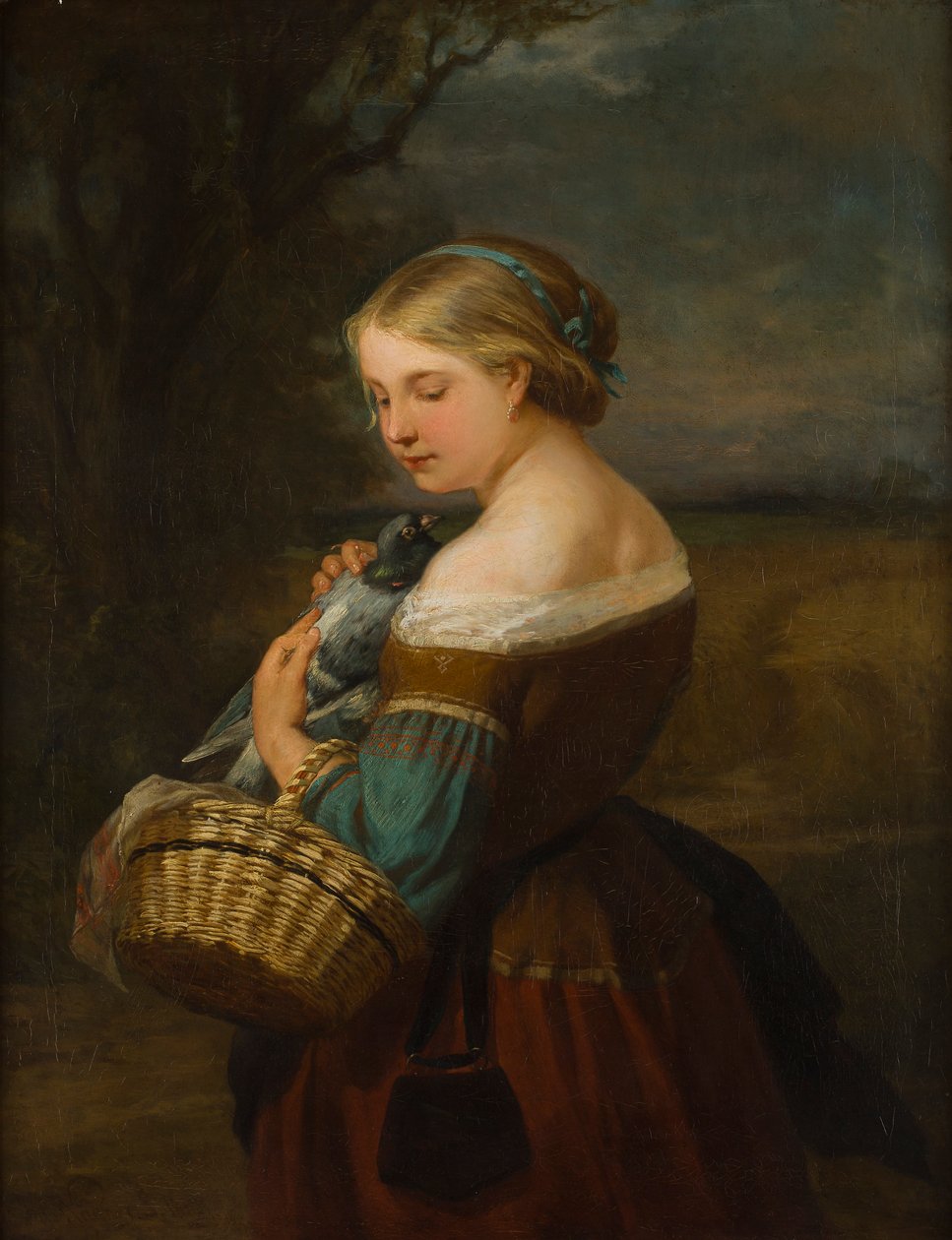 Portret chłopki z gołębiem (olej na płótnie) autorstwa Carl Ernst Ludwig Wagner