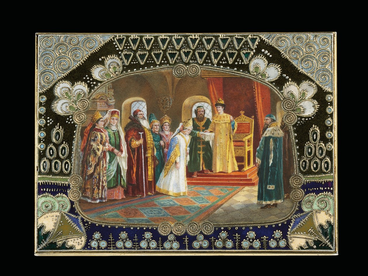 Fragment malowanego kartusza z pudła stołowego, przedstawiającego cara Aleksieja Michajłowicza wybierającego pannę młodą, ok. 1908-1917 autorstwa Carl Fabergé