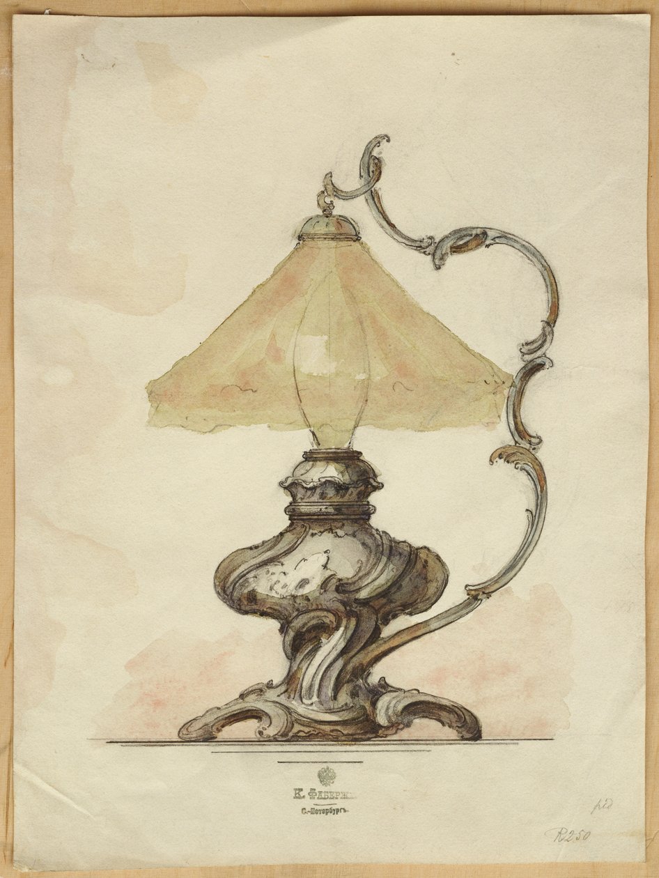 Rysunek srebrnej lampy stołowej ze skręconym żłobkowanym korpusem w stylu rokoko, House of Carl Faberge autorstwa Carl Fabergé