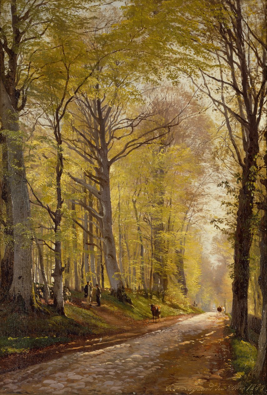 Leśna ścieżka z pasterzami i bydłem (olej na płótnie) autorstwa Carl Frederick Aagaard