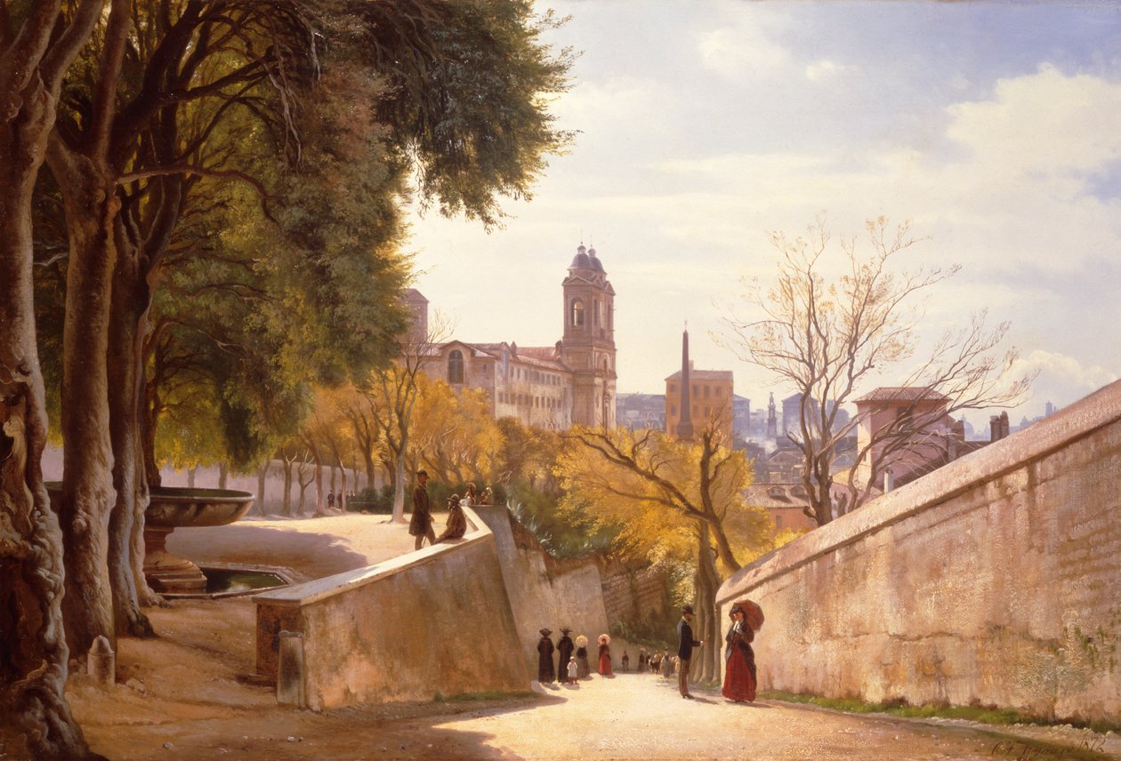Widok na Viale Trinità dei Monti z fontanną Villa Medici, widok z Via di San Sebastianello, Rzym autorstwa Carl Frederick Aagaard