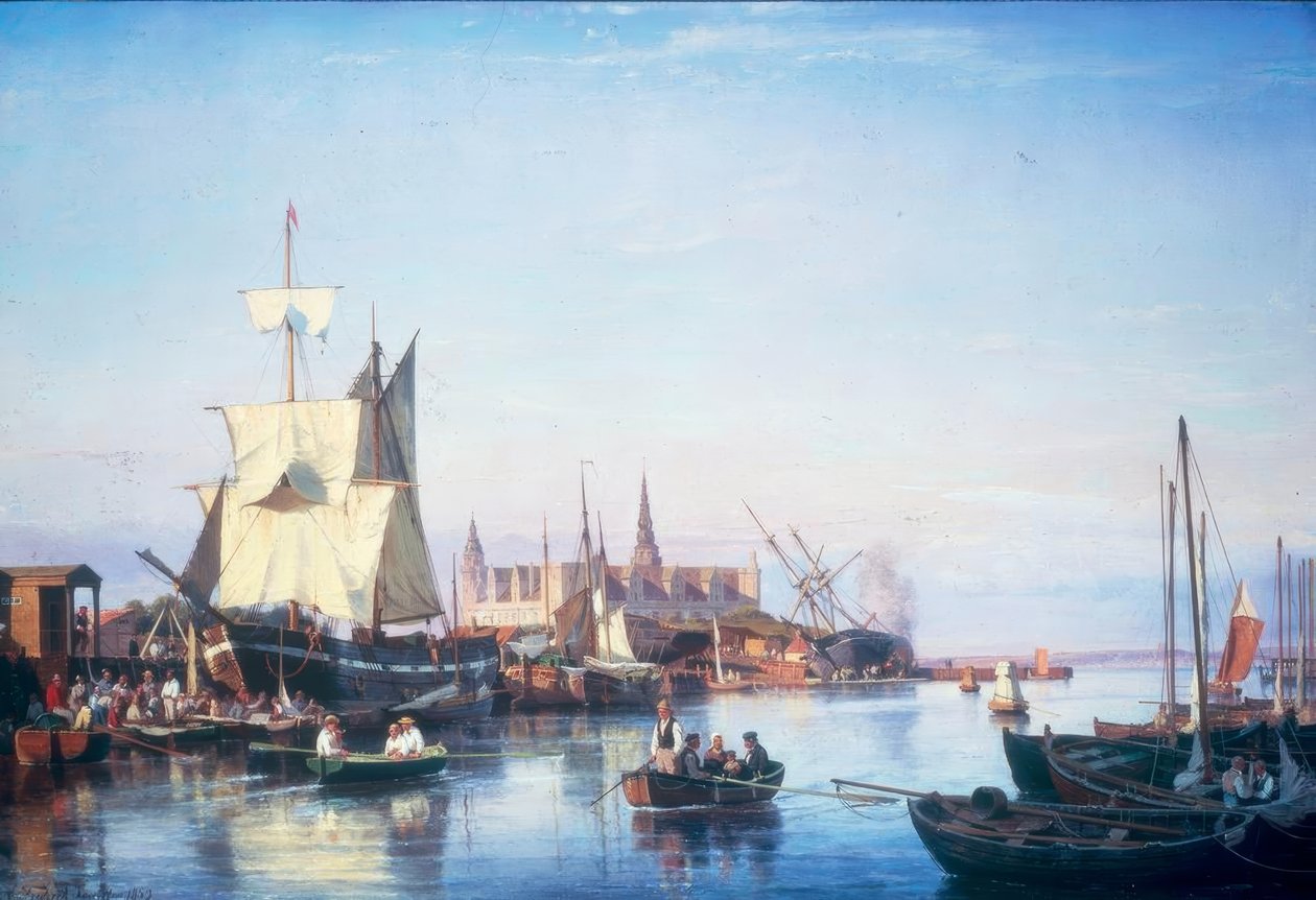 Port Helsingoer z zamkiem Kronborg autorstwa Carl Frederik Sorensen