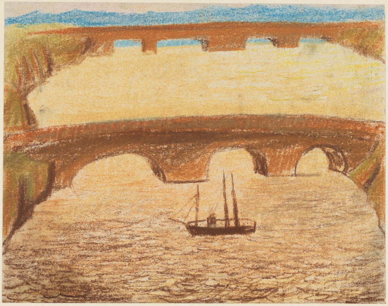 Lange Steinbrücken über Fluss mit einem Schiff autorstwa Carl Fredrik Hill