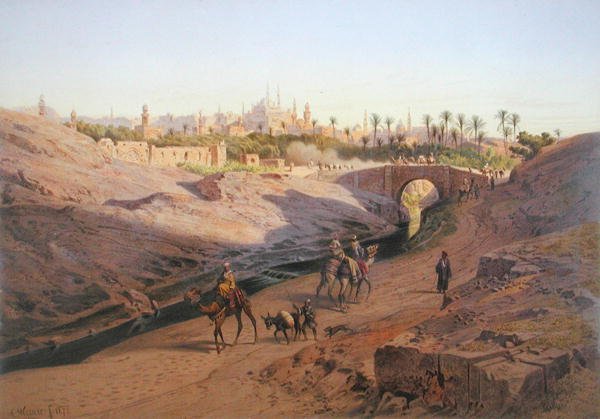 Widok na Kair od północy z Białym Meczetem, jedną z 24 ilustracji wykonanych przez G.W. Seitz, drukowany ok. 1873 (kolor lito) autorstwa Carl Friedrich Heinrich (after) Werner