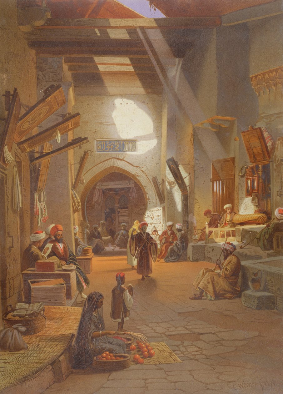 Bazar w Girgah, jedna z 24 ilustracji wyprodukowanych przez G.W. Seitz, wydrukowany ok. 1873 r. autorstwa Carl Friedrich Heinrich Werner