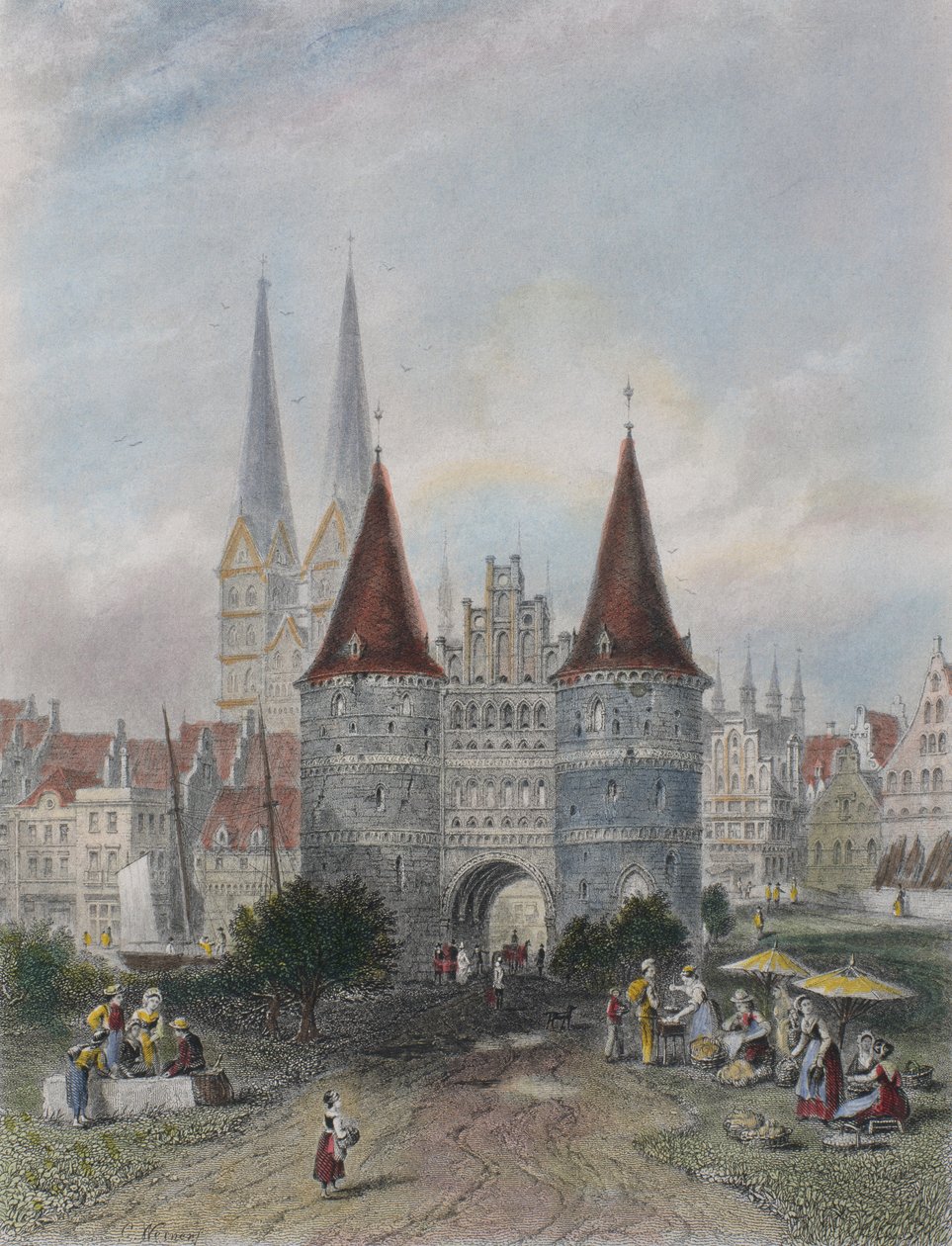 Brama Holsztyńska w Lubece, rytowana przez Johna Godfreya (1817-89) (kolorystyka) autorstwa Carl Friedrich Heinrich Werner