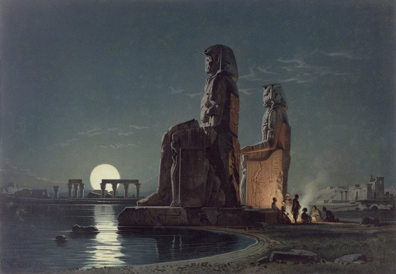 Kolosy Memnona w Tebach, jedna z 24 ilustracji stworzonych przez G.W. Seitz, wydrukowany ok. 1872 autorstwa Carl Friedrich Heinrich Werner
