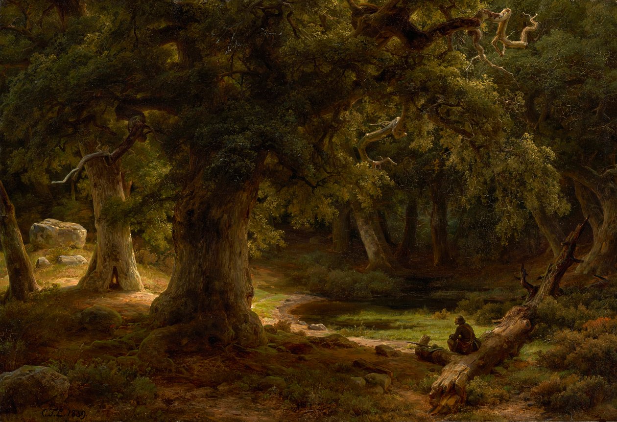 Las dębowy z odpoczywającym myśliwym autorstwa Carl Friedrich Lessing