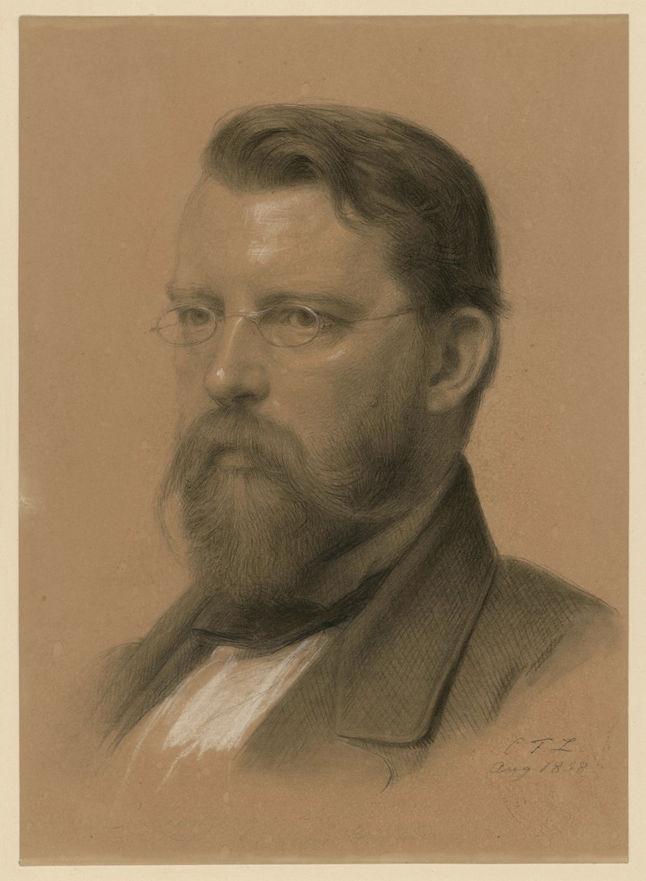 Emanuel Leutze, malarz historyczny, popiersie w okularach zwrócone w lewo autorstwa Carl Friedrich Lessing