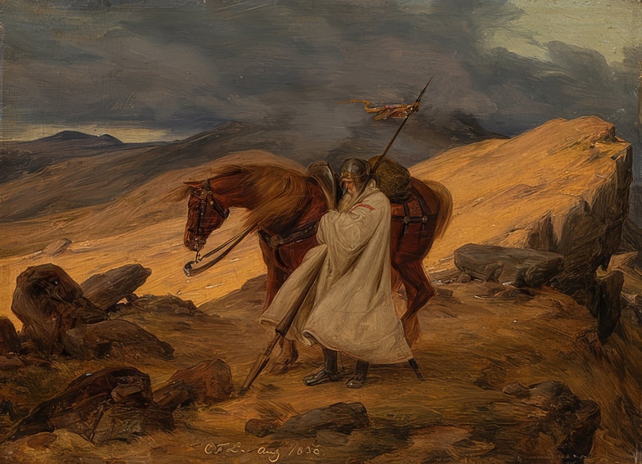 Krzyżowiec na warcie w górach. 1836 autorstwa Carl Friedrich Lessing