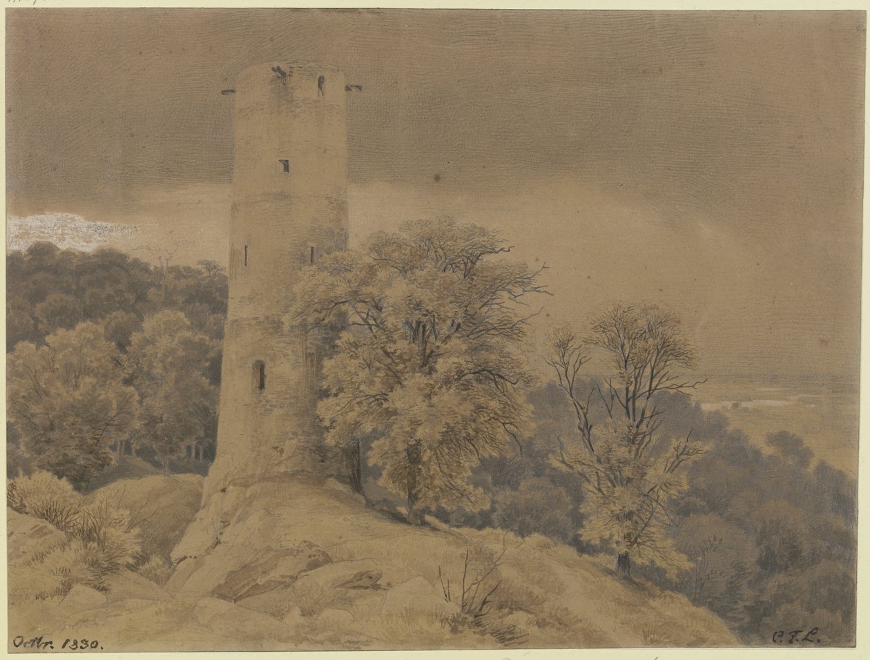 Krajobraz leśny z wieżą strażniczą autorstwa Carl Friedrich Lessing