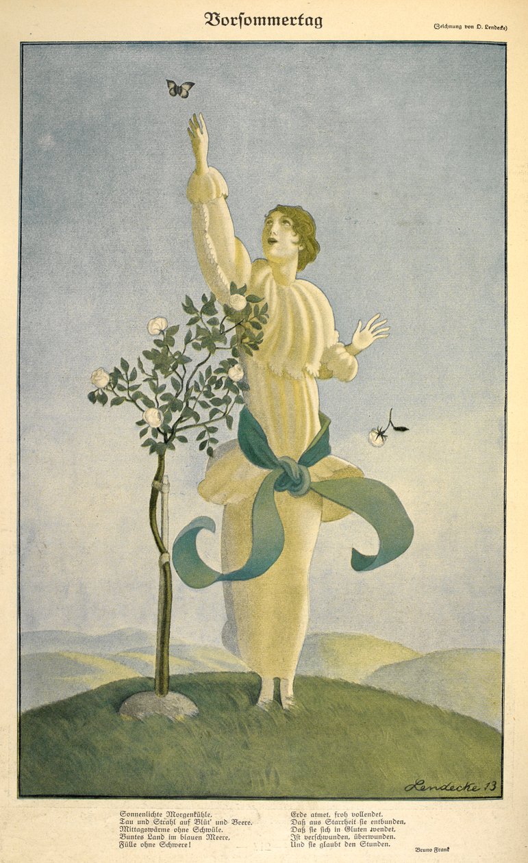 Rysunek do wiersza „Vorsommertag”: .Rysunek do wiersza „Vorsommertag”. Kobieta sięgająca po motyla. autorstwa Carl Friedrich Otto Lendecke