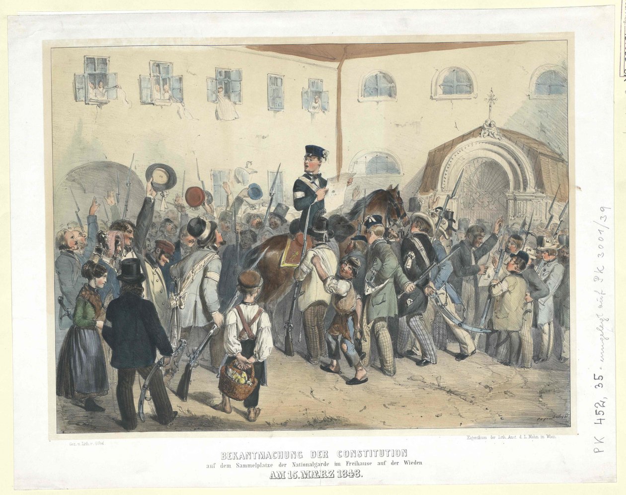 Proklamacja konstytucji w miejscu zebrań Gwardii Narodowej w Wolnym Domu (Freihaus) na Wiedniu 15 marca 1848 r. (litografia kolorowana) autorstwa Carl Goebel