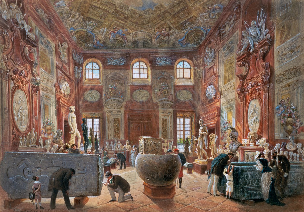 Duża marmurowa sala Dolnego Belwederu z rzeźbami z kolekcji antyków autorstwa Carl Goebel d. J.