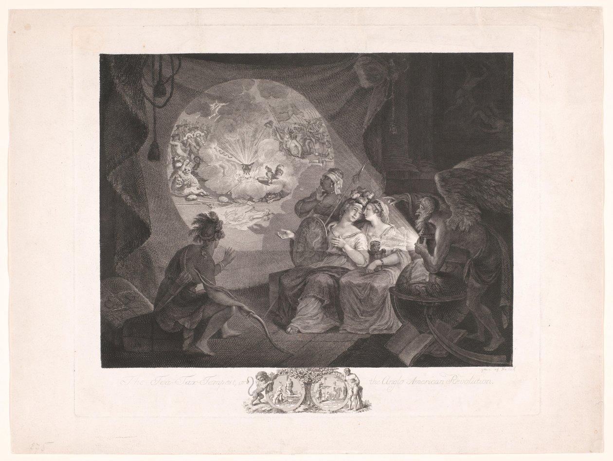 Alegoria Tea Party i amerykańskiej, holenderskiej i szwajcarskiej walki o wolność The Tea-Tax-Burza, czyli rewolucja anglo-amerykańska (tytuł na obiekcie) autorstwa Carl Gottlieb Guttenberg