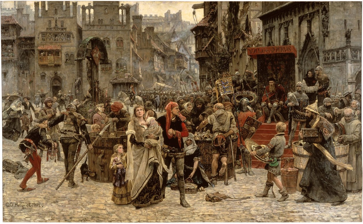 Szwedzki: Valdemar Atterdag przetrzymuje Visby dla okupu w 1361 r.
 Valdemar Atterdag przetrzymuje Visby dla okupu, 1361 r. autorstwa Carl Gustaf Hellqvist