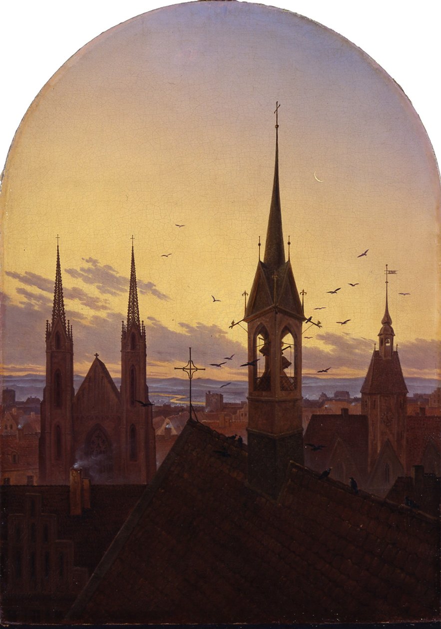 Niemiecki: Frühläuten (Altdeutsche Stadt im Frühlicht) Poranny peal (Stare niemieckie miasto w porannym świetle) autorstwa Carl Gustav Carus