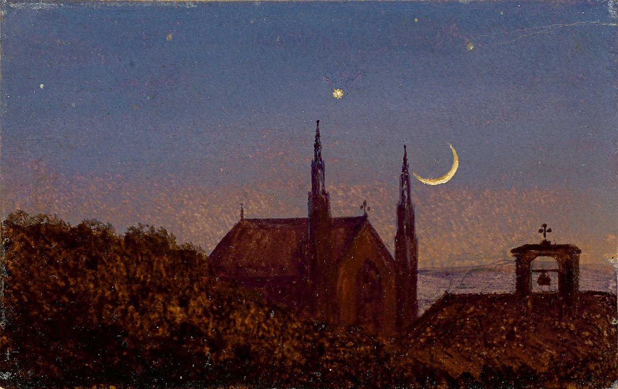 Niemiecki: Gotycki kościół nad koronami drzew w świetle księżyca (Mały księżycowy krajobraz z małym kościołem) autorstwa Carl Gustav Carus