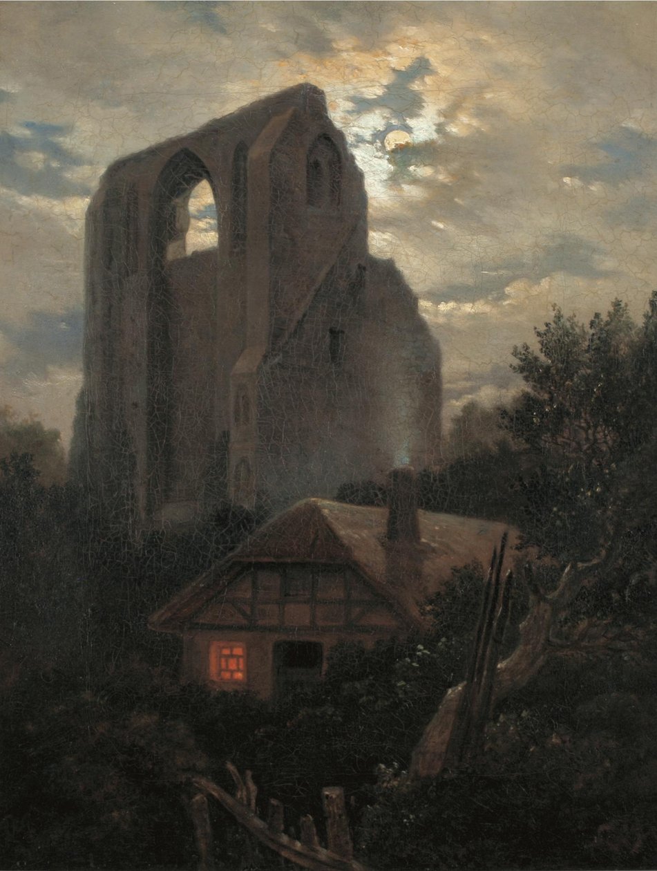 Ruiny klasztoru Eldena z domkiem w pobliżu Greifswaldu w Moonlight, 1820 autorstwa Carl Gustav Carus