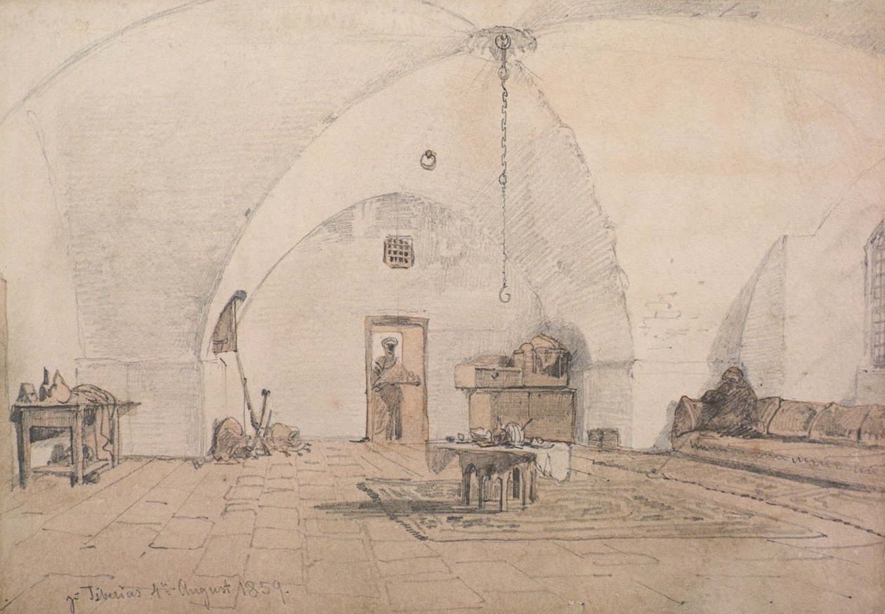 Wnętrze na Tyberiadzie, 1859 (ołówek i pranie na papierze) autorstwa Carl Haag