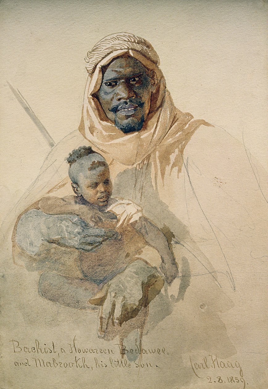 Bachist, Bedawee Howazeen i Mabzookh, jego mały syn, 1859 (ołówek i wc na papierze) autorstwa Carl Haag