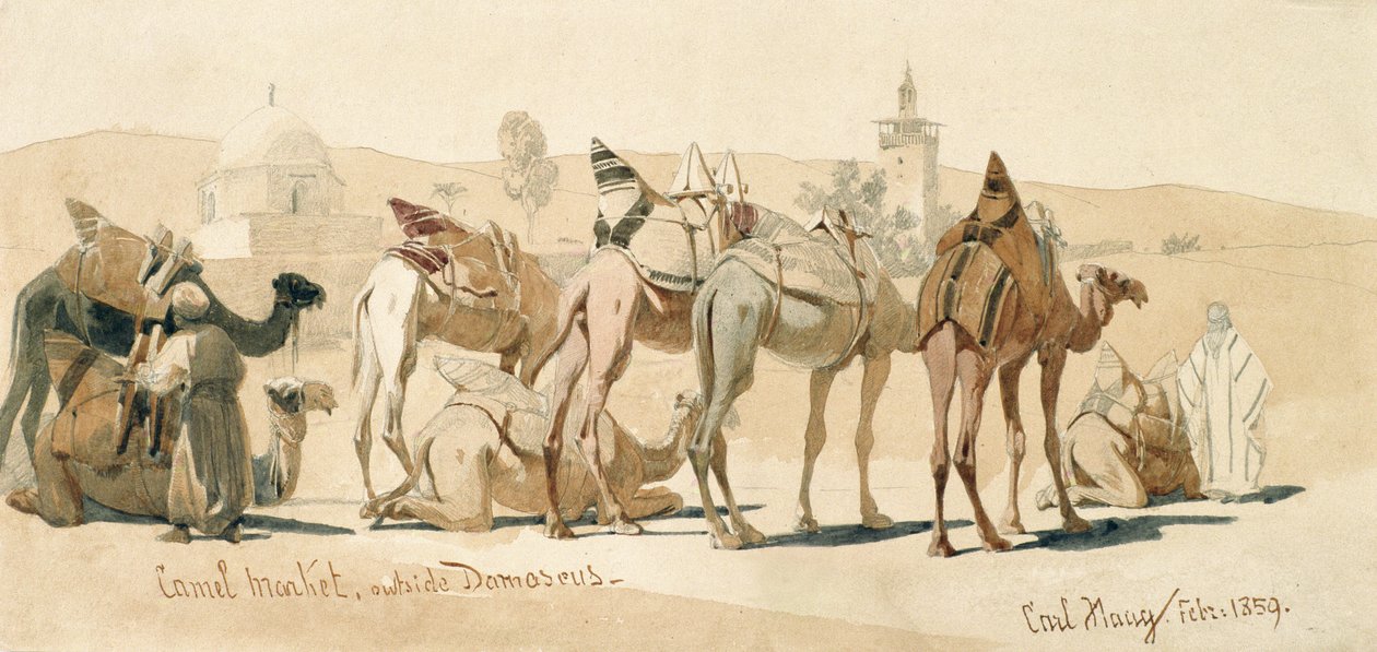 Camel Market Outside Damaszku, 1859 (ołówek i pranie na papierze) autorstwa Carl Haag