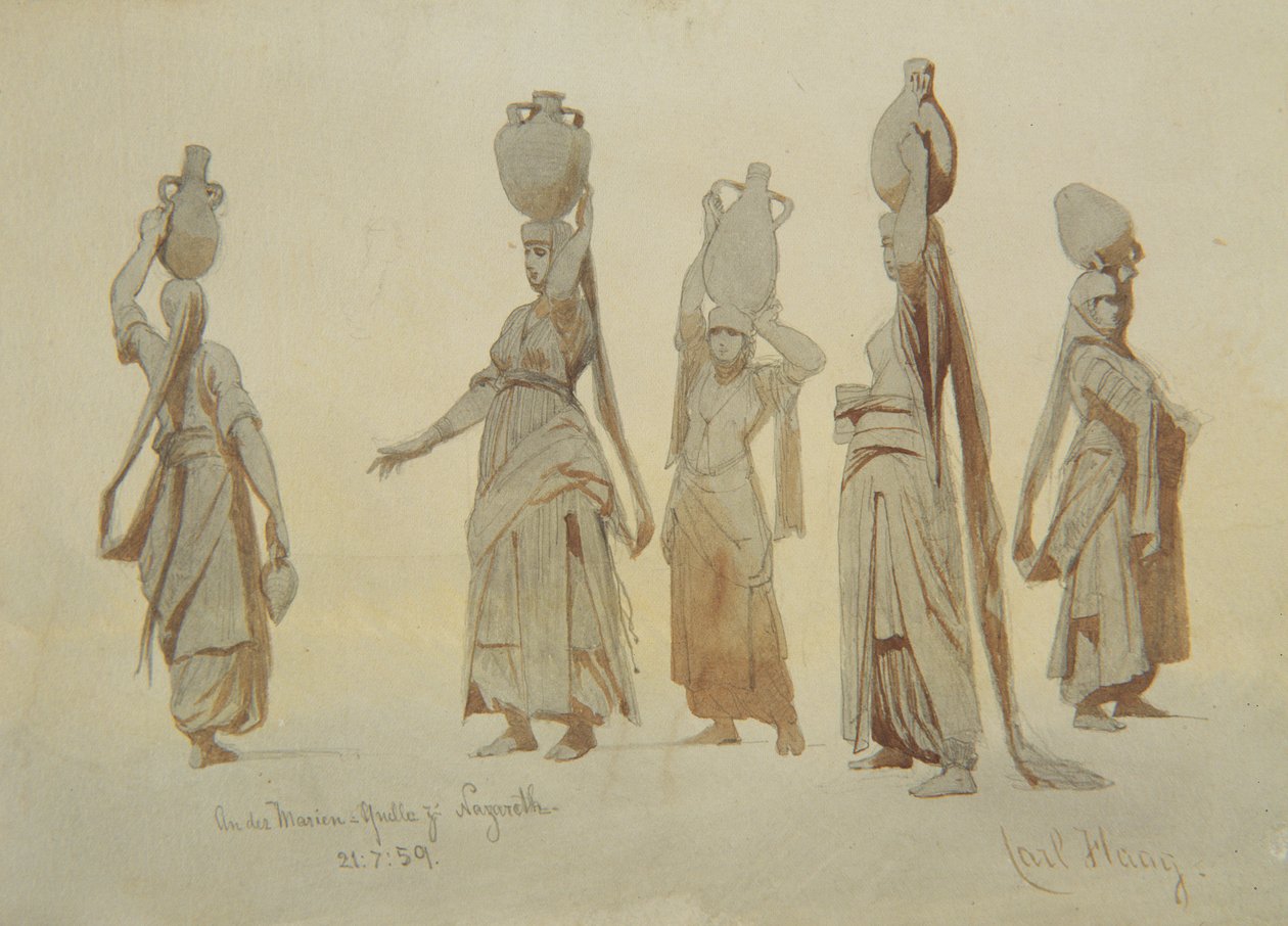 Kobiety niosące wodę, Nazaret, 1859 (ołówek i wash na papierze) autorstwa Carl Haag