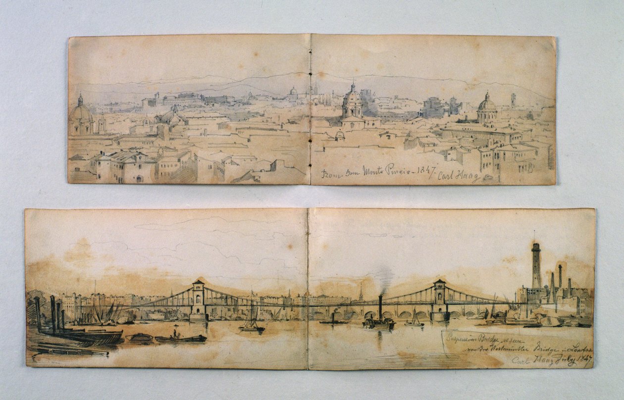 Most wiszący Hungerford i Monte Pineio, 1847 (ołówek i pranie na papierze) autorstwa Carl Haag