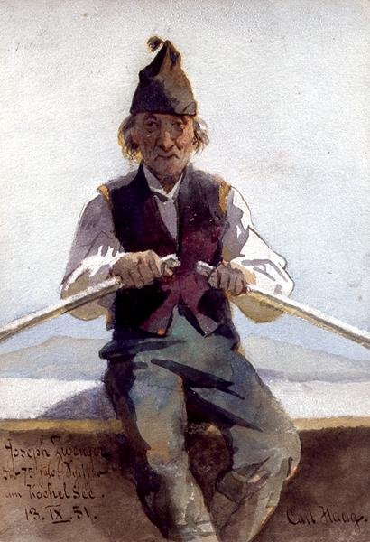 Joseph Zwenger w łodzi wiosłowej, bawarskie wyżyny autorstwa Carl Haag