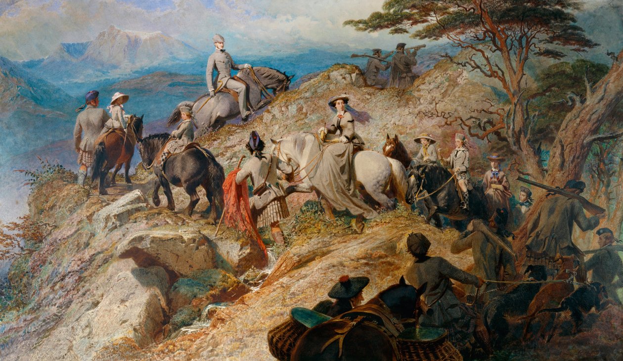 Poranek w górach. Rodzina królewska wstępująca do Lochnagar, 1853 autorstwa Carl Haag