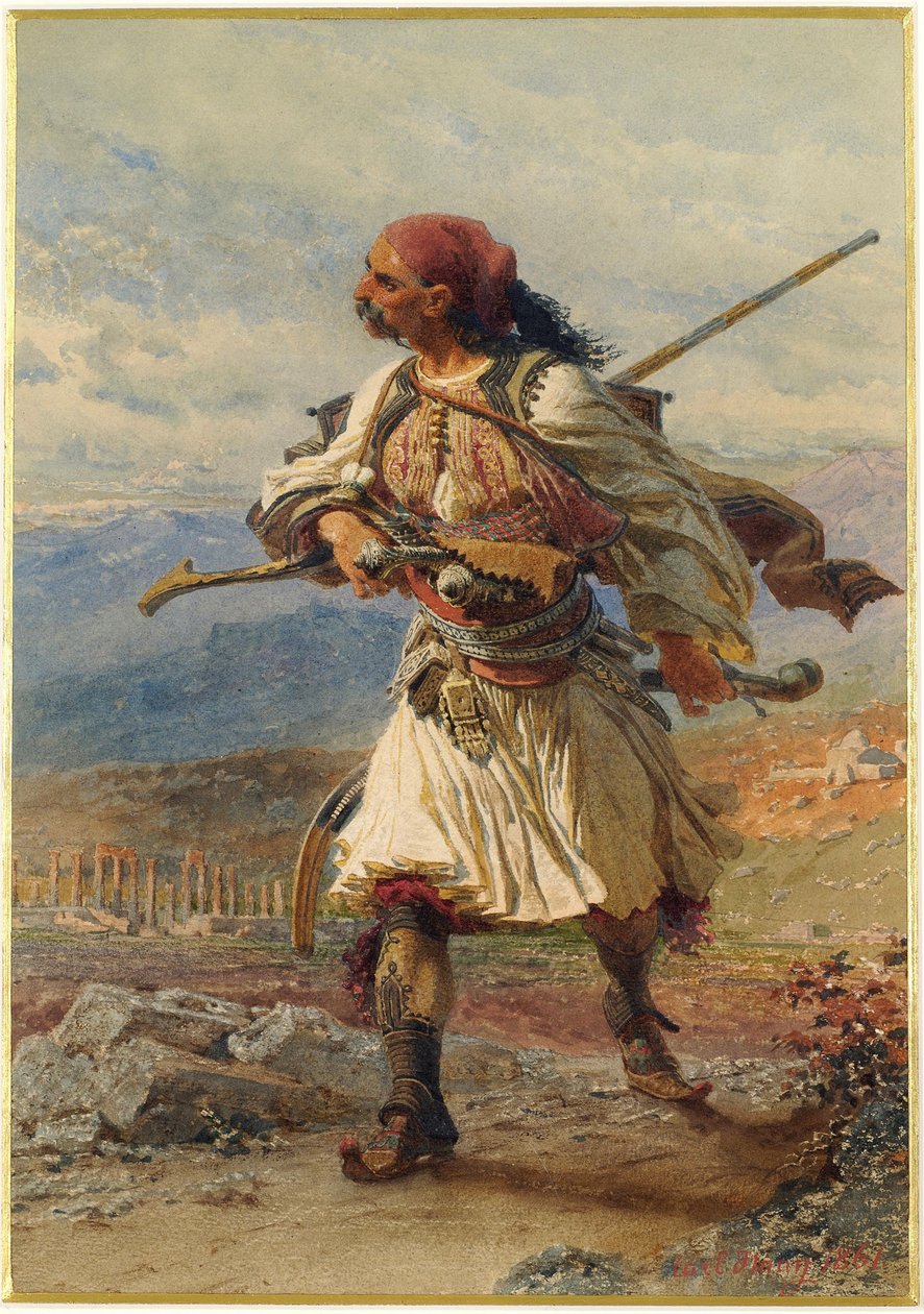 Portret Armatole, greckiego wojownika w czasie wojny o niepodległość Grecji (1821-1830) - Praca Carla Haaga (1820-1915), akwarela i gwasz na papierze (35x25 cm) autorstwa Carl Haag