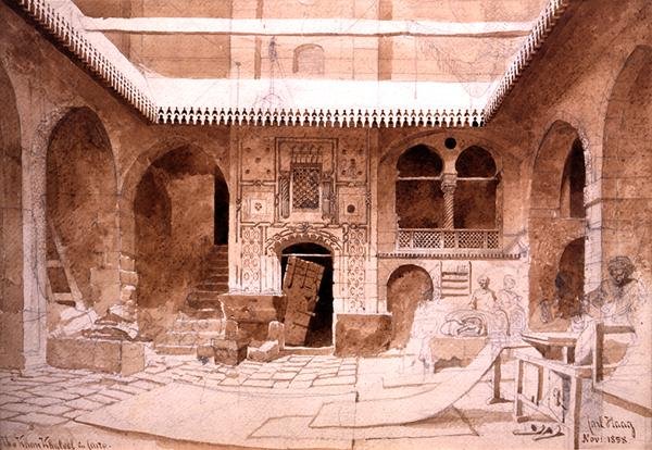 Bazar dywanów Chan Chaleel w Kairze, 1858 (ołówek i brązowe pranie na papierze) autorstwa Carl Haag