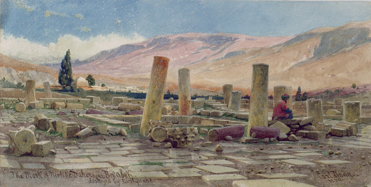 Meczet Melike w pobliżu Baalbek zniszczony przez trzęsienie ziemi, 1859 autorstwa Carl Haag