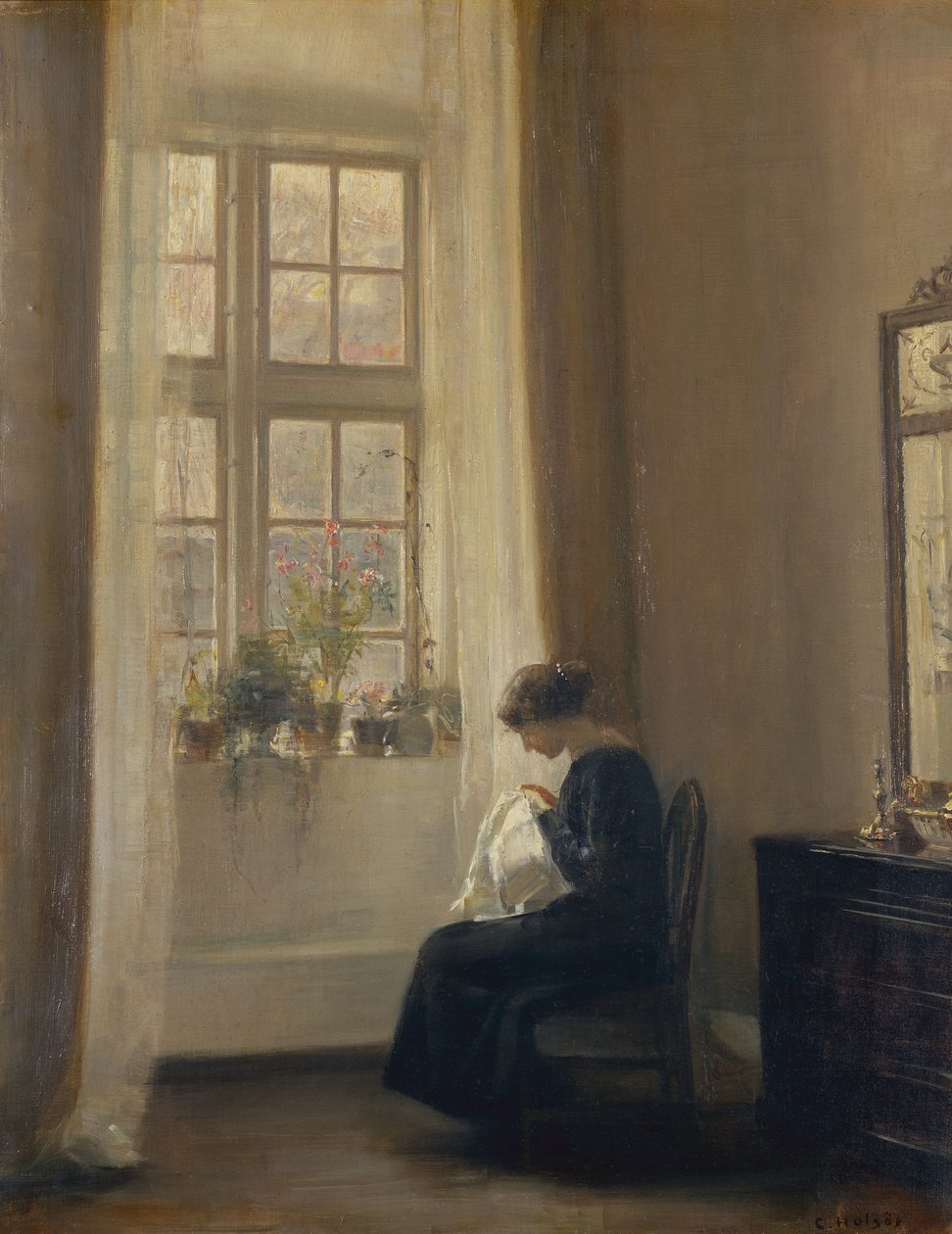 Dziewczyna szyjąca we wnętrzu (olej na płótnie) autorstwa Carl Holsoe