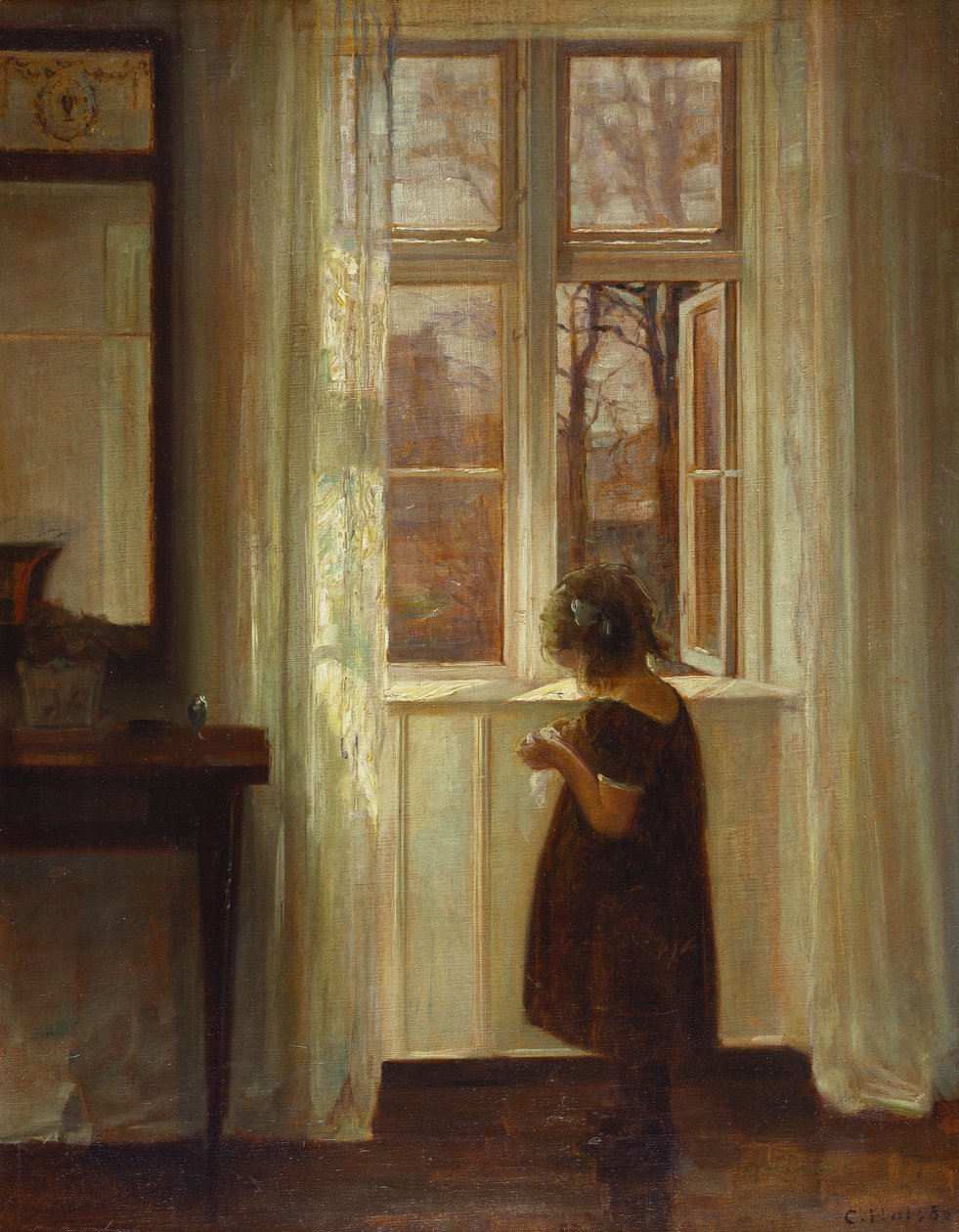 Dziewczyna stojąca przy oknie (olej na płótnie) autorstwa Carl Holsoe