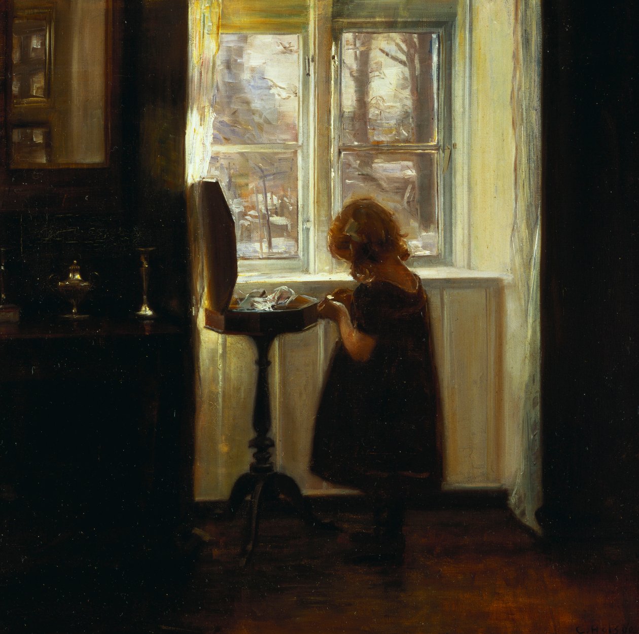 Dziewczyna stojąca przy stole do szycia (olej na płótnie) autorstwa Carl Holsoe