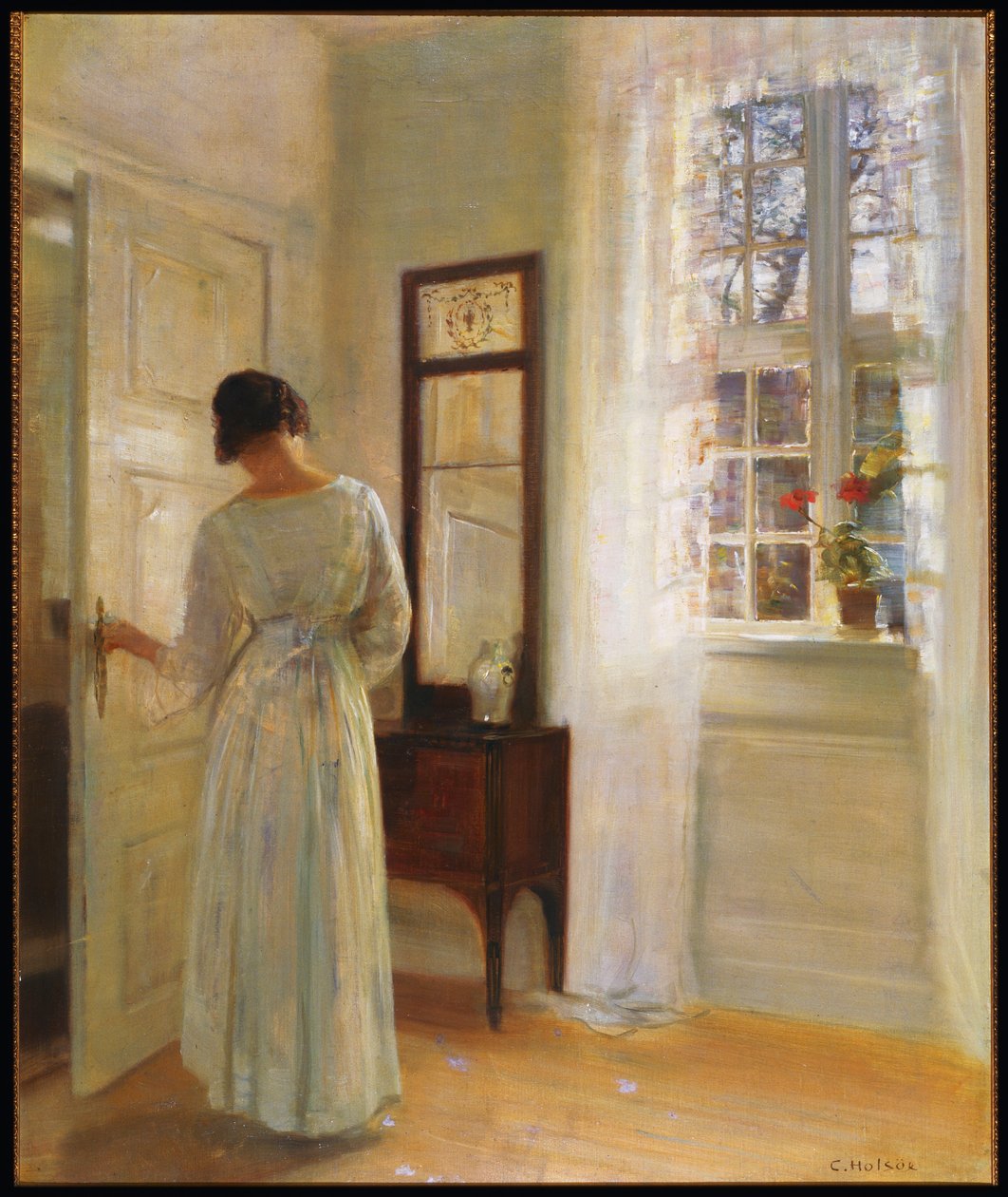 Pani patrząca w lustro przy otwartych drzwiach (olej na płótnie) autorstwa Carl Holsoe