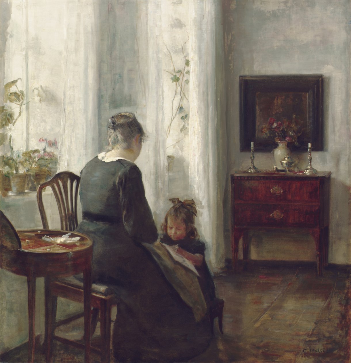 Matka i dziecko we wnętrzu (olej na płótnie) autorstwa Carl Holsoe