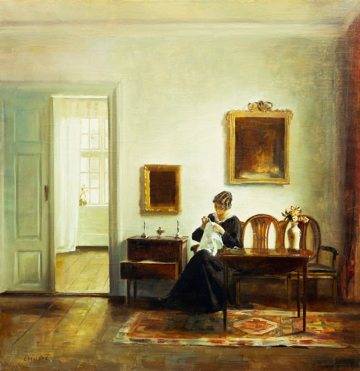 Kobieta szyjąca we wnętrzu (olej na płótnie) autorstwa Carl Holsoe