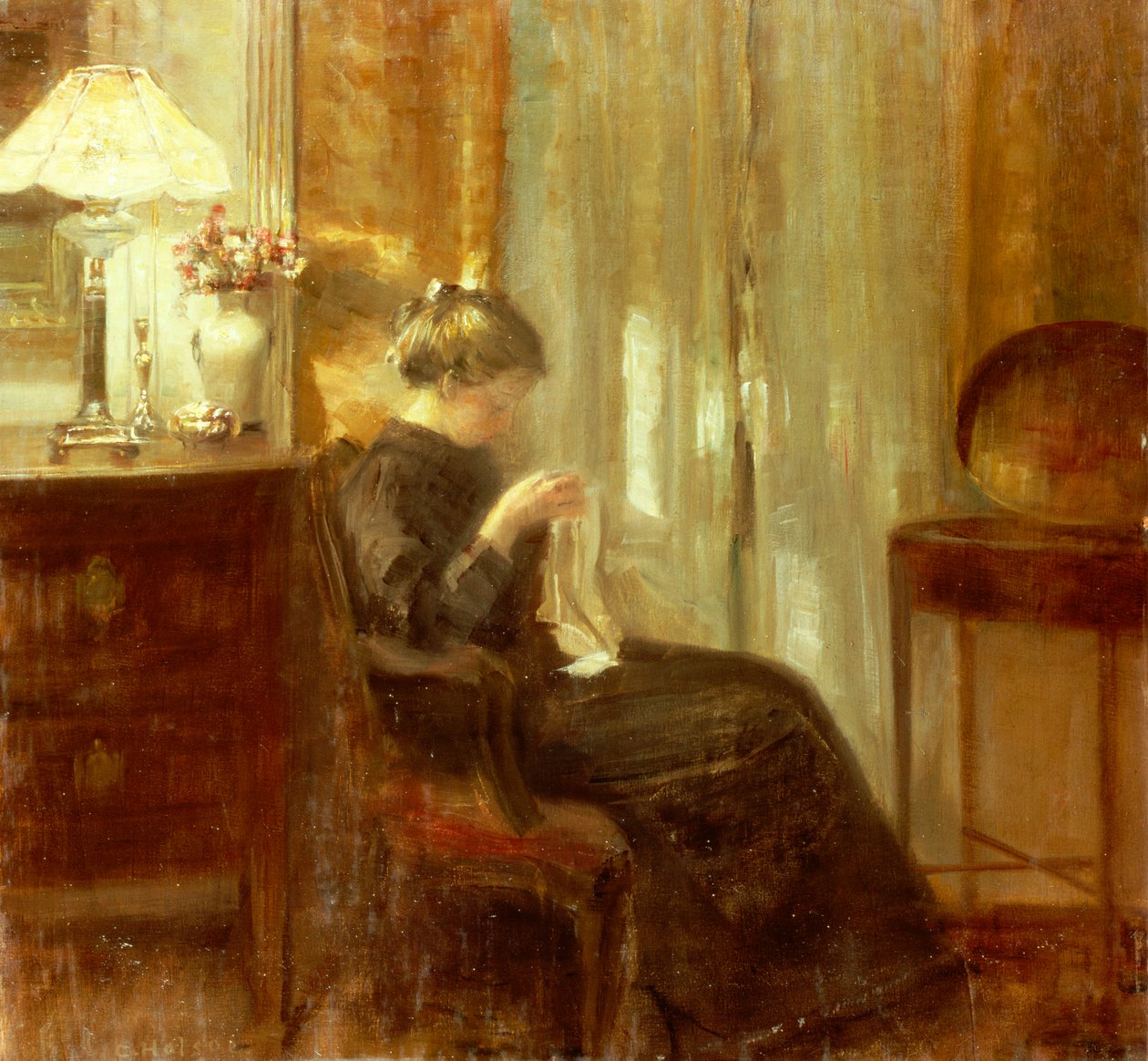 Kobieta szyjąca we wnętrzu (olej na panelu) autorstwa Carl Holsoe