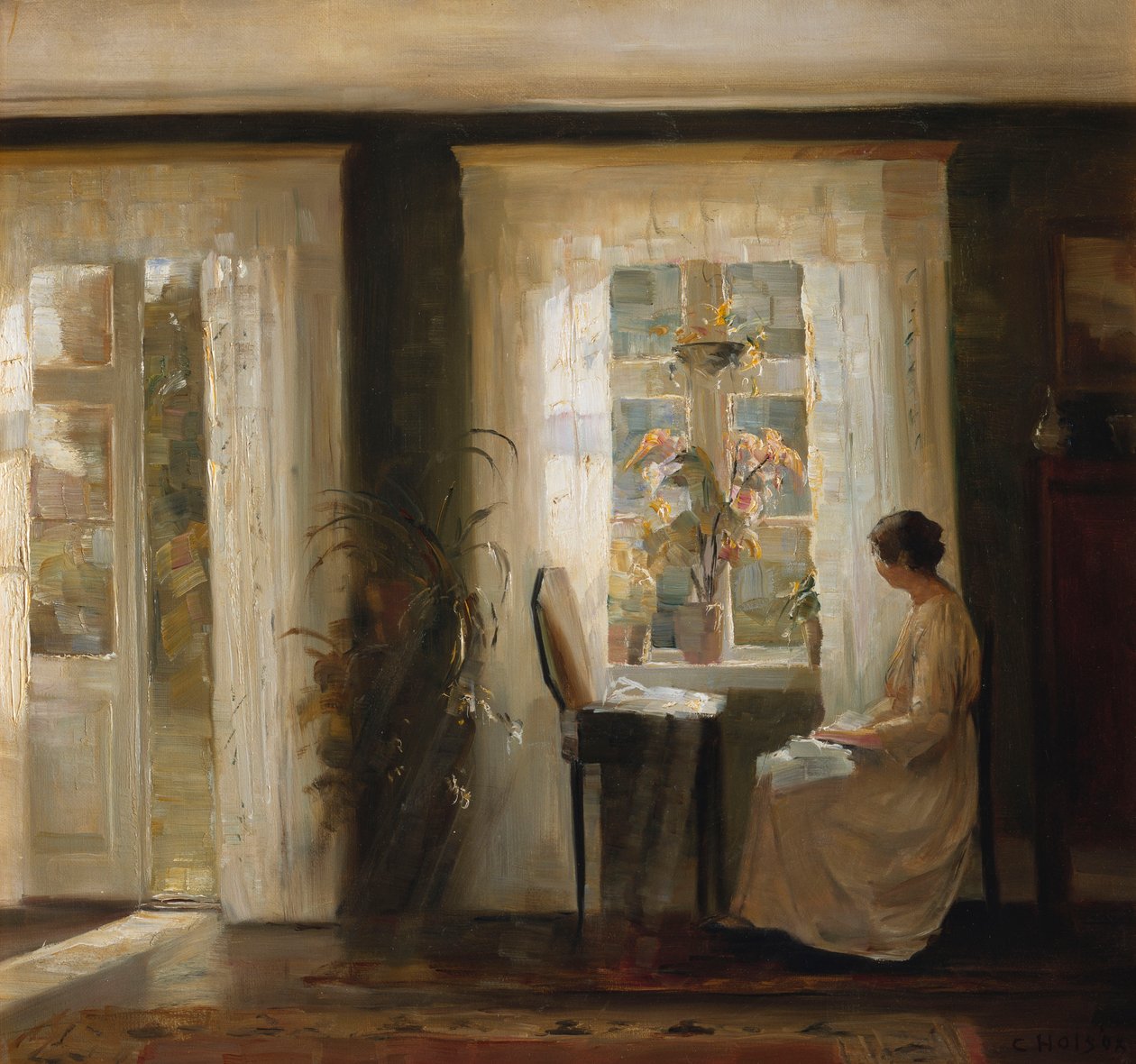 Kobieta przy słonecznym oknie (olej na płótnie) autorstwa Carl Holsoe