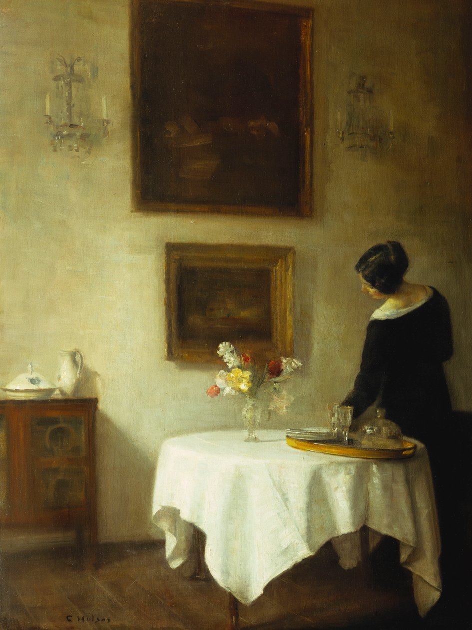 Kobieta przy stole (olej na płótnie) autorstwa Carl Holsoe