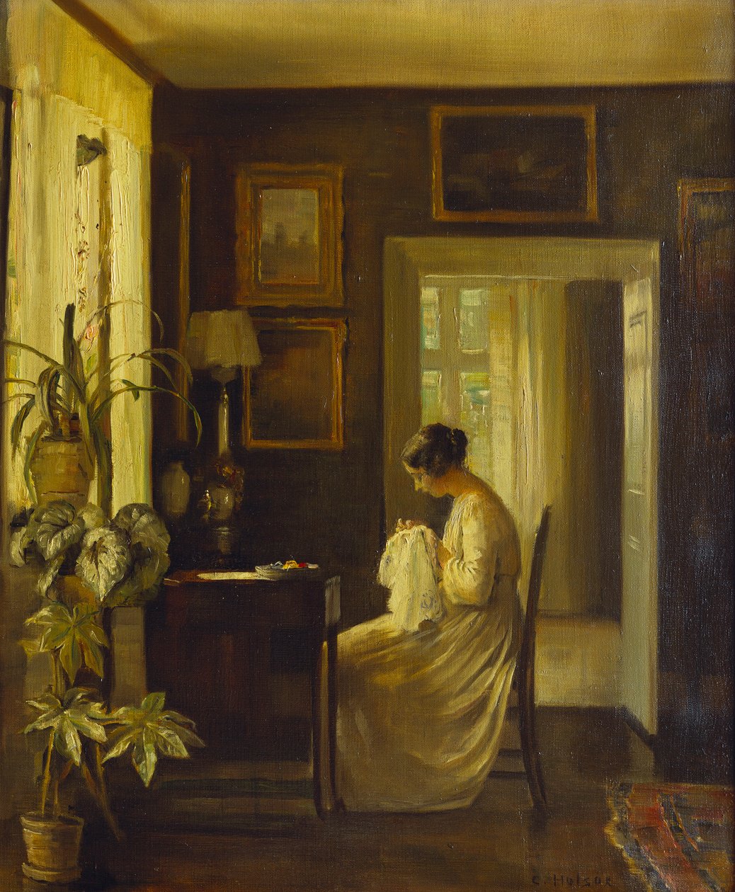 Wnętrze z szyjącą kobietą (olej na płótnie) autorstwa Carl Holsoe