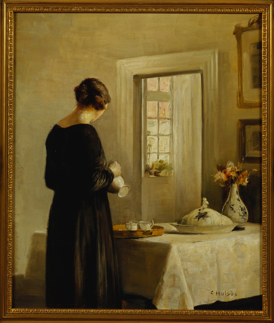 Wnętrze z kobietą przy stole (olej na płótnie) autorstwa Carl Holsoe