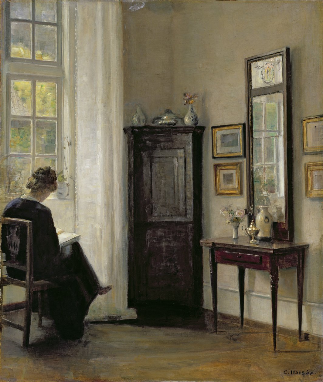 Wnętrze z kobietą czytającą autorstwa Carl Holsoe