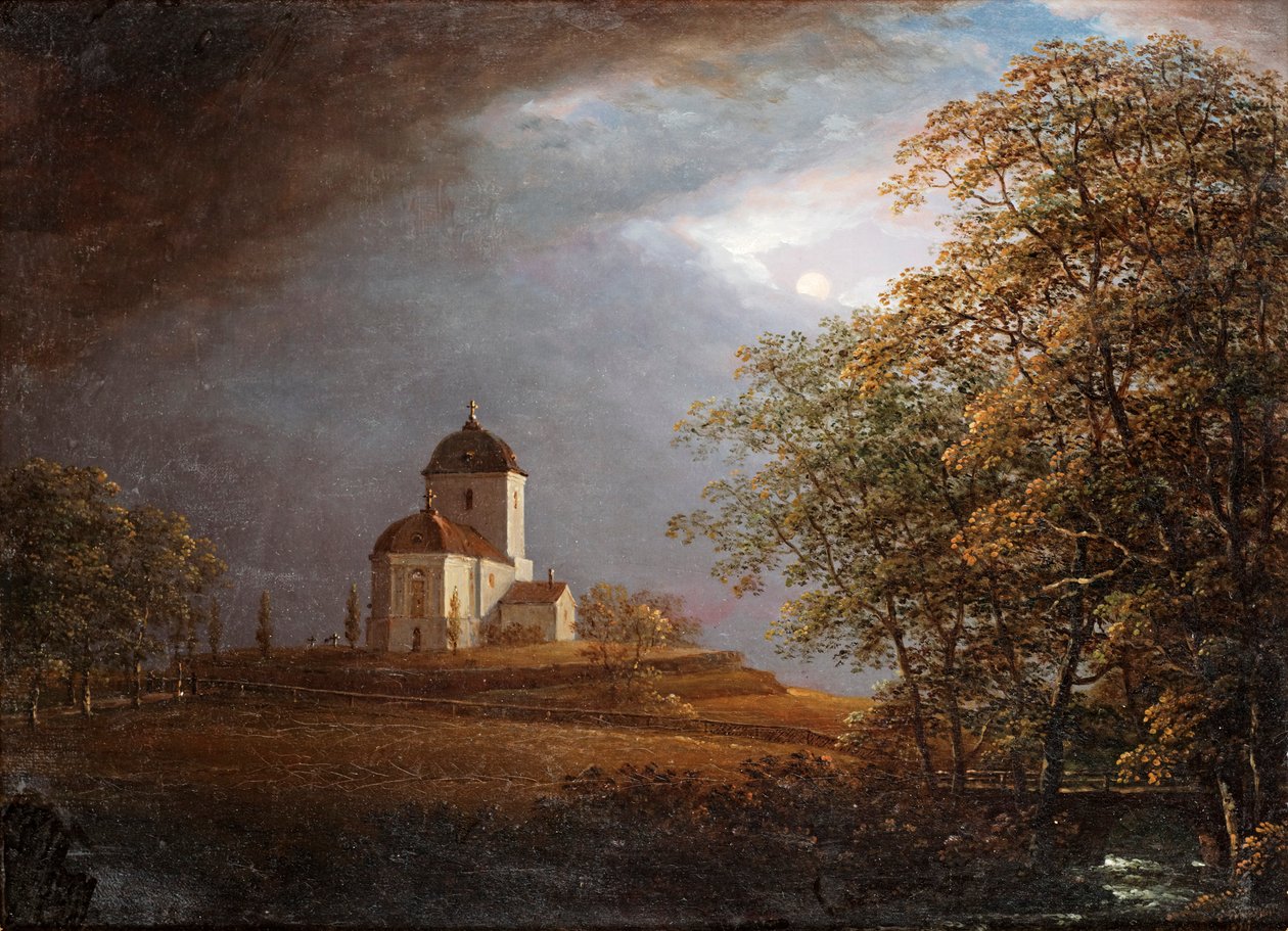 Widok z kościoła Andrarums autorstwa Carl Johan Fahlcrantz