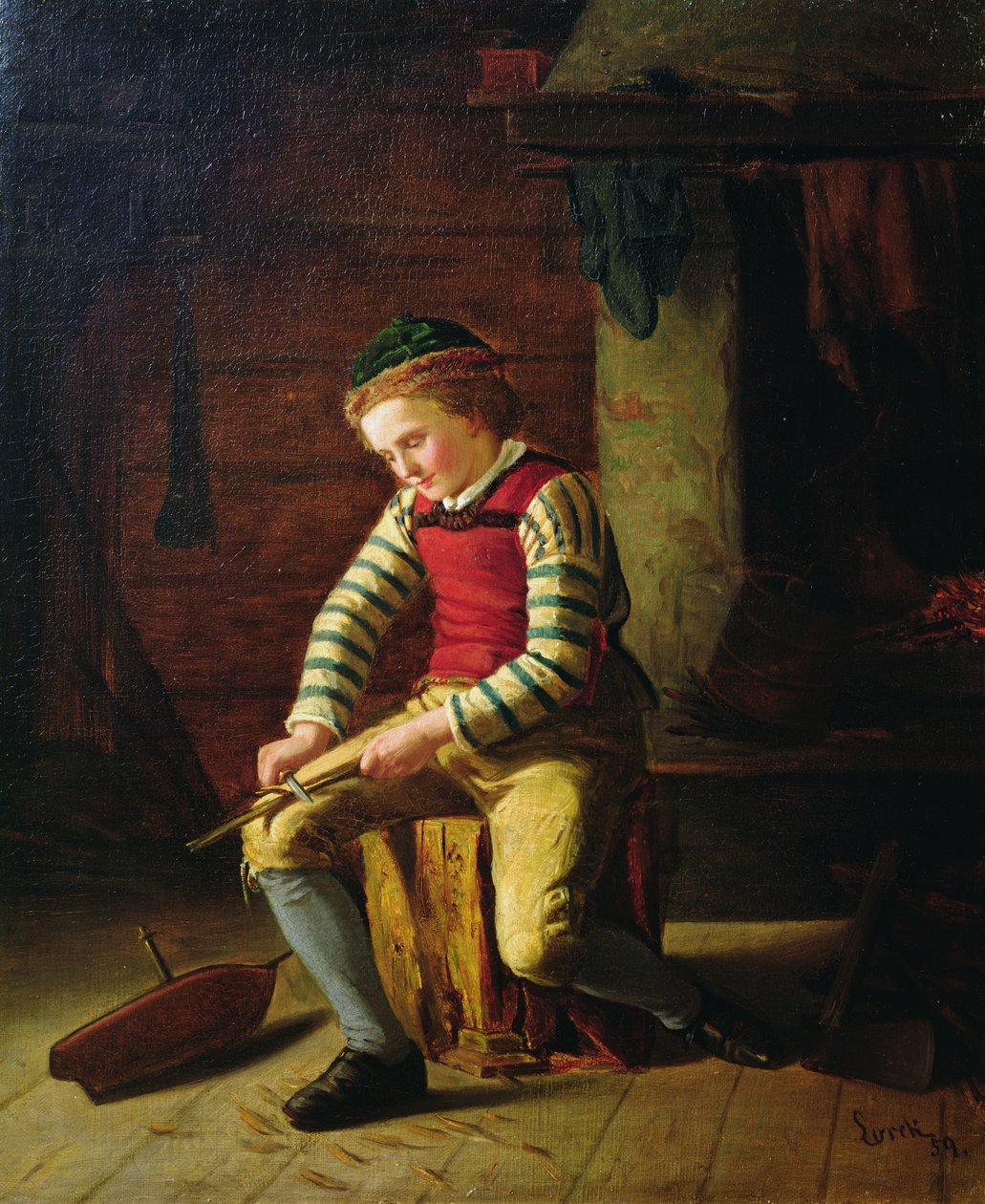 Chłopiec robi drewnianą łódkę autorstwa Carl Julius Lorck